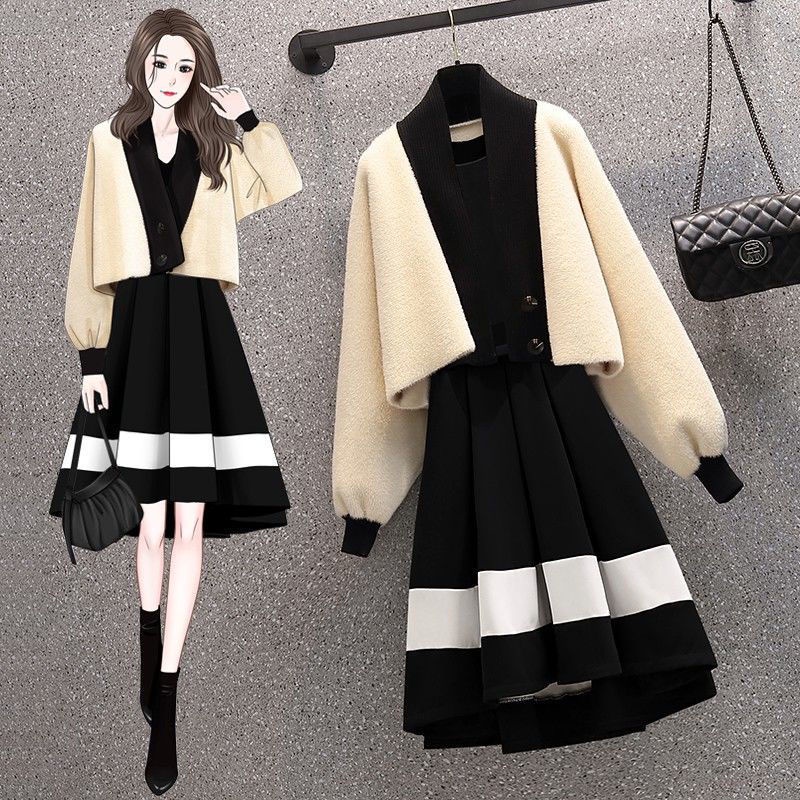 Large women's winter suit women's 2021 new short knitted cardigan with slim waist dress two-piece su