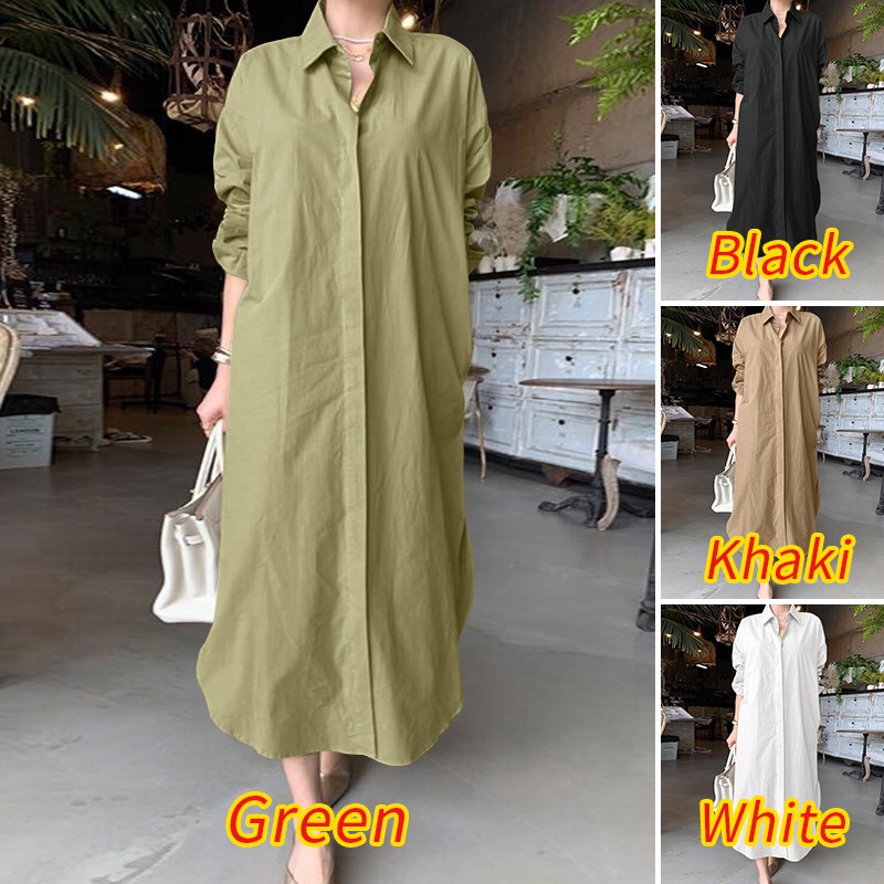 ZANZEA Women Vintage Retro Casual Solid Turn Down Collar Long Dress