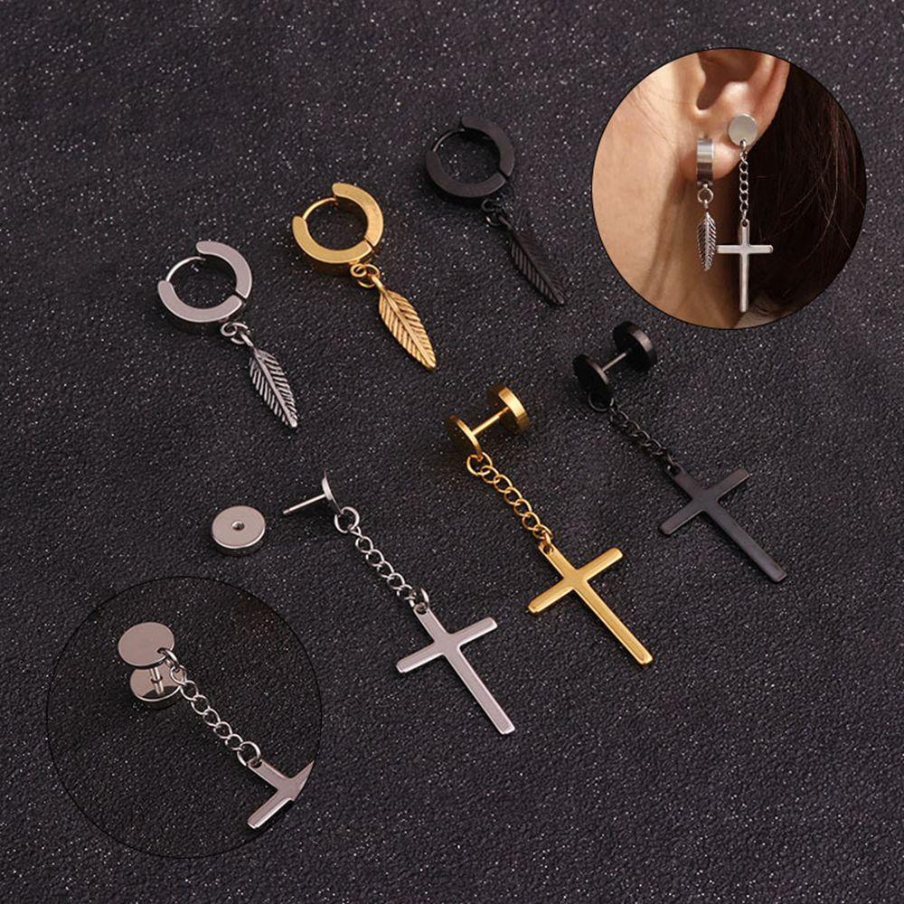 1 Pc Anting Stud Desain Salib Bulu Bahan Stainless Steel Gaya Hip Hop Punk Untuk Pria Dan Wanita