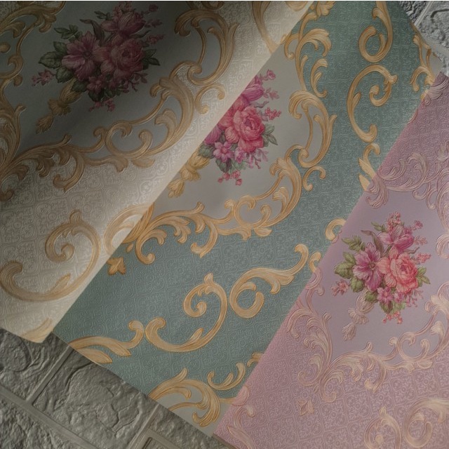 Wallpaper Dinding Vinyl  Motif Batik Bunga Warna Pastel Ruangan Klasik