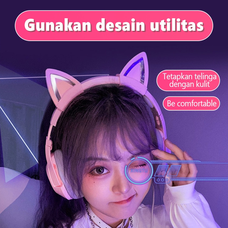 Onikuma K9 Pink Cat Ear Perempuan Headset Gaming dengan Mikrofon Pencahayaan RGB Cocok untuk Komputer Seluler Head-mount Subwoofer Headphone Kabel