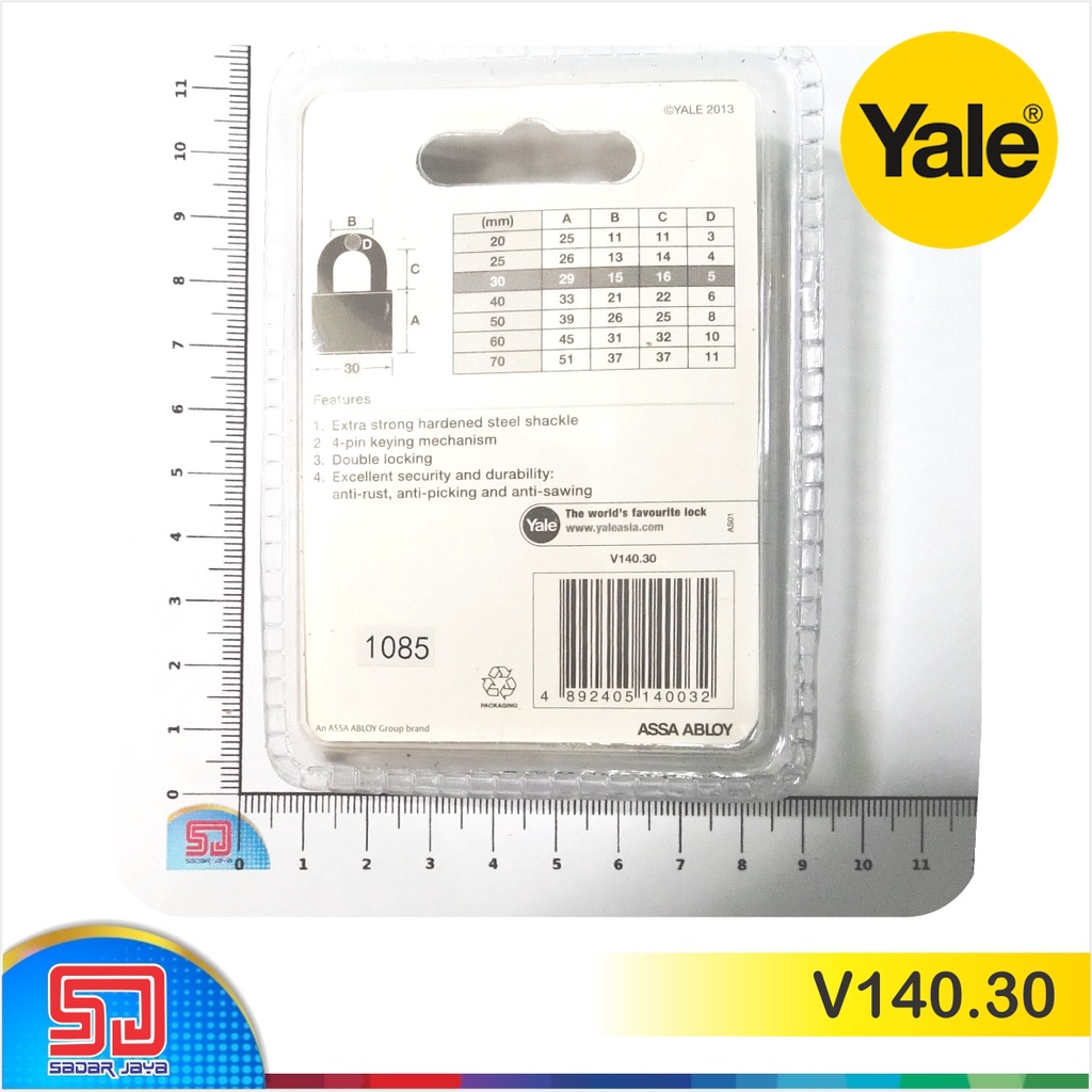 Yale V140.30 Gembok 30mm Kuningan Padlock Brass Material Hardened Steel