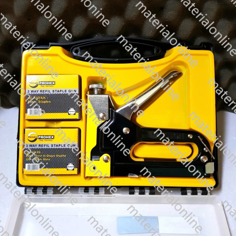 

STAPLES STAPLE GUN PROHEX Jok Tembak Tacker Hekter 3 Way in 1 Komplit