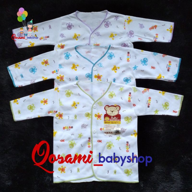 TARA 3 pcs Baju Kancing Putih Panjang Bayi Newborn Motif Print SNI