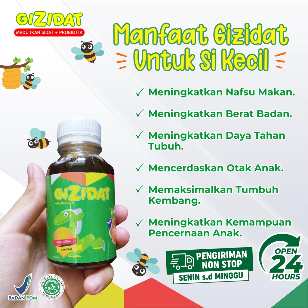 Paket 2 Botol Madu Gizidat Original Multivitamin Penambah Nafsu Makan &amp; Berat Badan Anak Bayi – Suplemen Madu Ikan Sidat Rasa Manis Tanpa Efek Samping Tingkatkan Daya Tahan Tubuh Cerdaskan Otak Anak Tumbuh Kembang Masksimal Isi 130ml