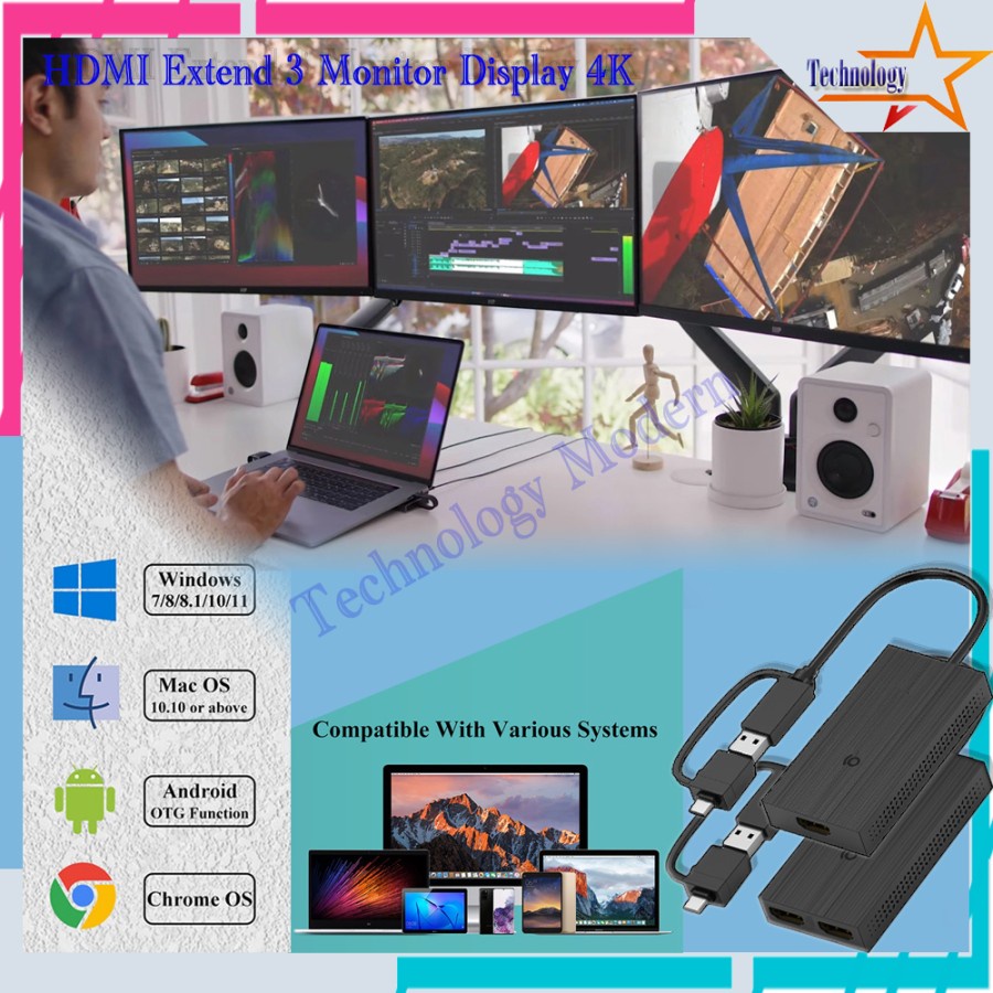 4K Multi Monitor Extend Display 3 Monitor Extern Windows 7, 8, 10, 11