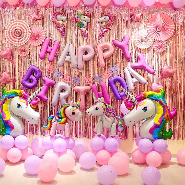 ♦ dekorasi ulang tahun tirai pink unicorn anak ◌