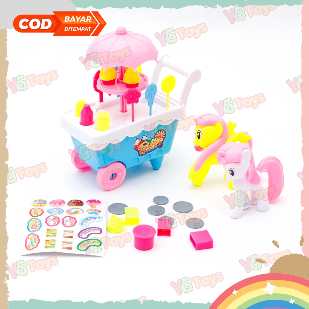 YGtoys Mainan Anak Jualan Gerobak Es Krim Kuda Poni Eskrim Mini Keranjang Playset DIY Kasir Kasiran Makanan