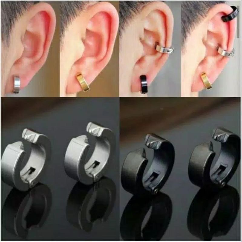 Anting Jepit Pria Wanita Korea Sepasang Warna Hitam Anting Gaya Tanpa Tindik Anting Magnet