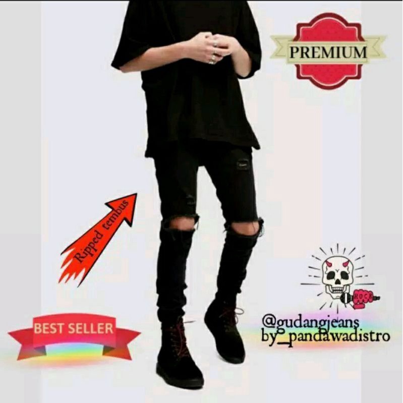 CELANA SOBEK PRIA RIPPED JEANS ROBEK SLIMFIT PENSIL SKINNY HITAM PREMIUM 27-38