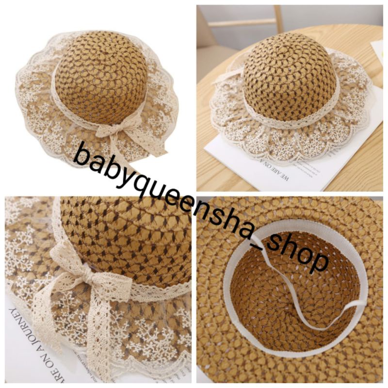 topi pantai anak/topi jerami/topi anyaman/topi pantai/topi anak/topi jerami renda