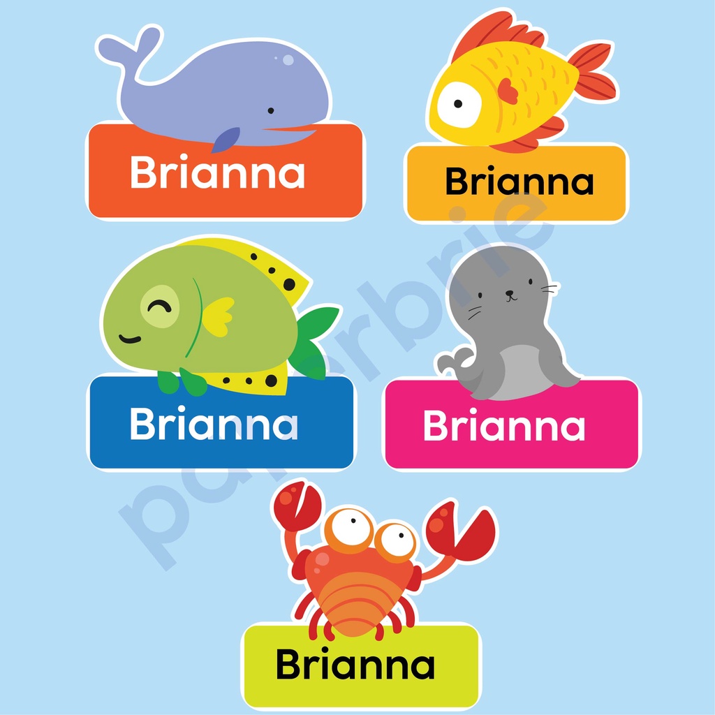 Sticker Nama Anak ikan lucu sealife kepiting lucu Stiker nama imut stiker buku pelajaran