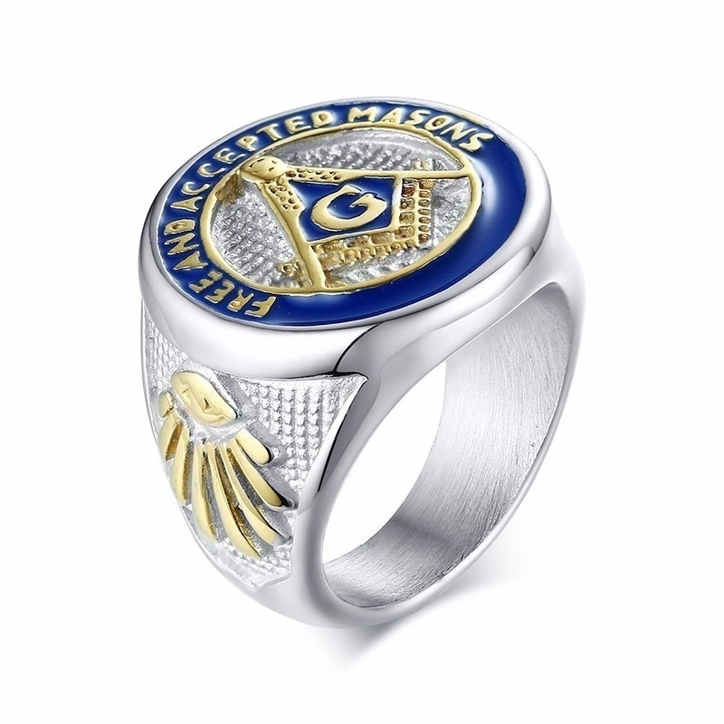 New Arrival Fashion Blue Lodge Tricolor Icon Silver Color Band Freemason Ring Blue Masonic Symbol Masonic Jewelry Size 7 8 9 10 11 12 13 14