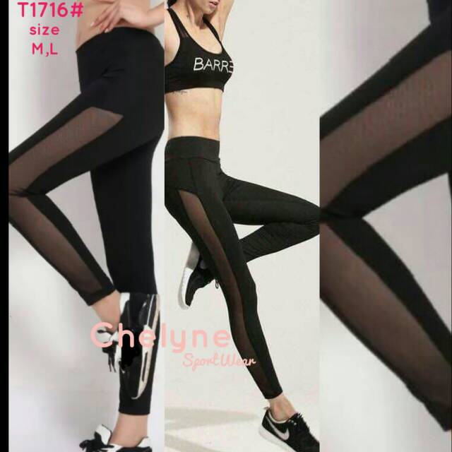 Celana Sport Panjang Tile Samping / Celana Legging Olahraga Jaring Samping Transparan Size M L T1716