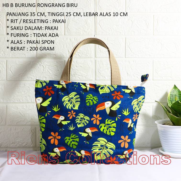 RIENS COLLECTIONS. HANDBAG BESAR BAHAN KANVAS MOTIF BURUNG RONGRANG BIRU