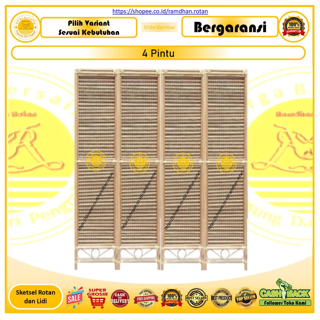 Partisi Ruangan 4 Daun Pintu Bahan Rotan dan Lidi - Sketsel Lidi Pintu 4 - Sketsel Rotan 4 Keping
