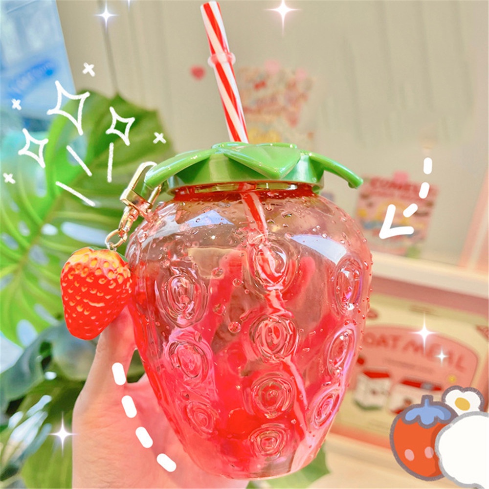 500ml Ins Strawberry Straw Plastic Cup | Gadis Lucu dengan Aksesoris Botol Air Cangkir Teh Susu Siswa