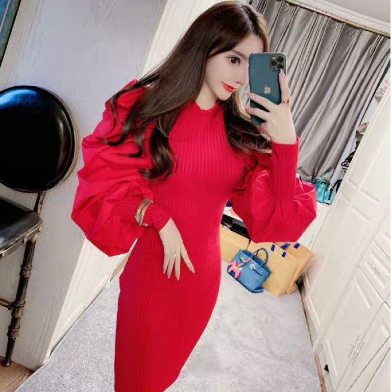 C688 BASIC PUFF KNIT DRESS / DRESS SEXY / DRESS RAJUT / DRESS IMPORT / LENGAN PUFF / PUFF TOP