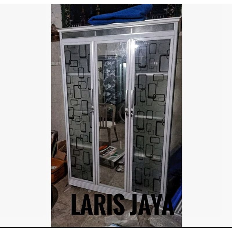LEMARI PAKAIAN BAJU ALUMUNIUM 3 PINTU SAP KACA 2PT FULL KACA