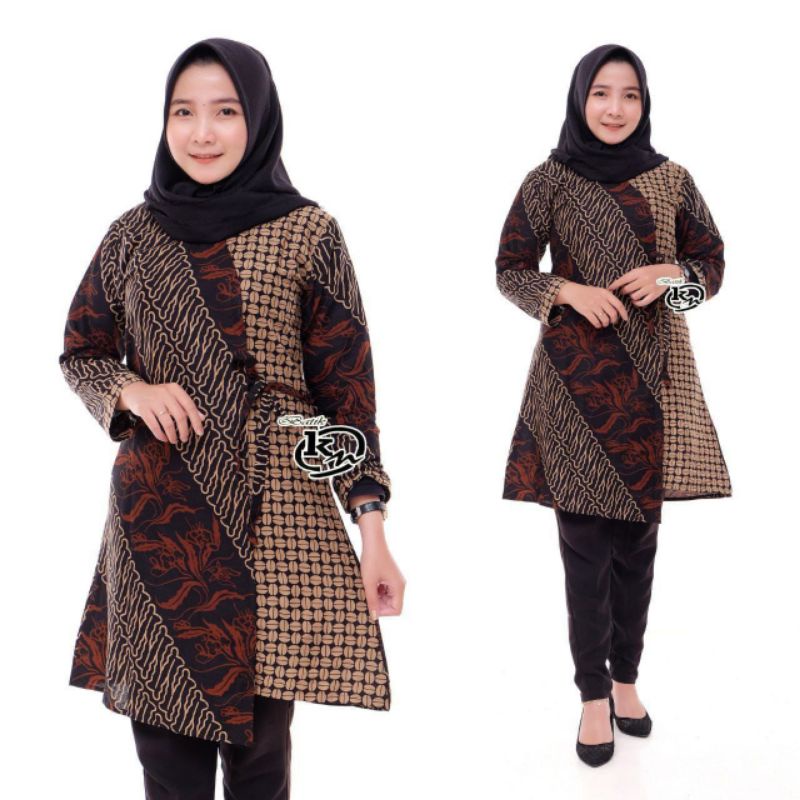 Tunik Batik Wanita Modern Terbaru JUMBO M L XL XXL Atasan Batik Wanita Seragam Murah-Coklatan rilis