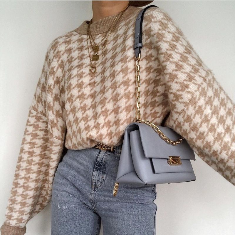 Blouse Sweater Houndstooth Soft Knit Import - Sweater Rajut Wanita Houndstooth TM (CX1235)