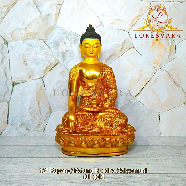 Patung Rupang Arca Logam Buddha Shakyamuni 12inch Full Gold