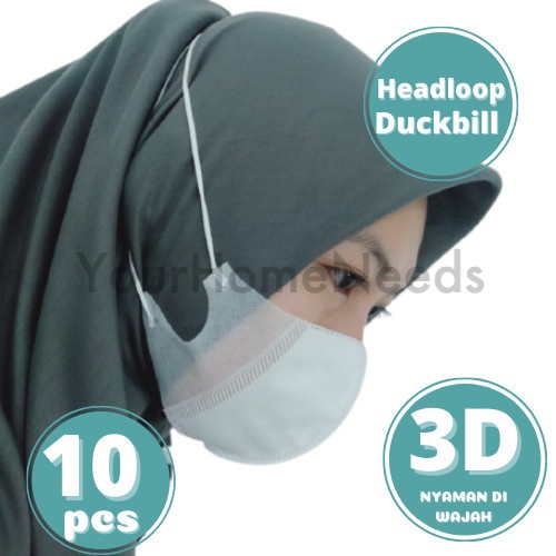 Masker 3ply 3 ply duckbill 3D headloop orlee Hijab Kemenkes isi 10pcs - Hitam