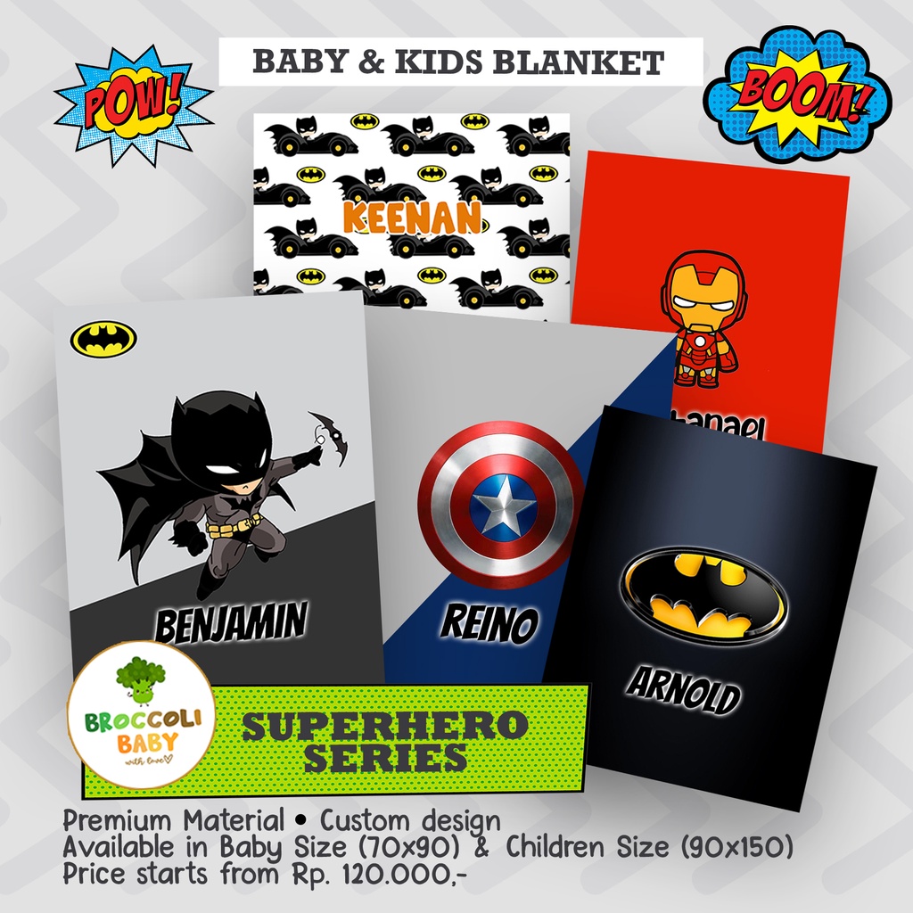 BROCCOLI BABY - Personalized Custom Blanket Selimut Bayi Anak (Motif 03) Superhero Batman Captain Am