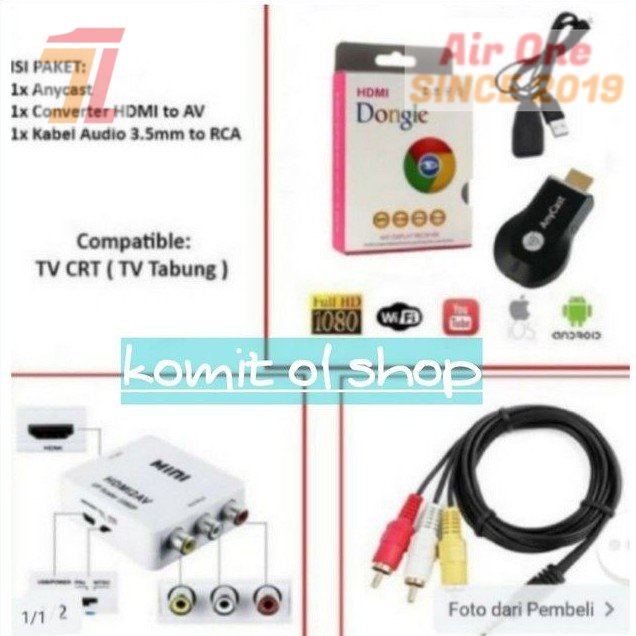 AirOne PAKET KOMPLIT HDMI WIFI DONGLE + HDMI TO AV DAN KABEL RCA UTK KONEK DARI HP KE TV TABUNG