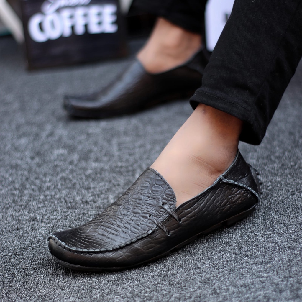 Abraham Moclay - Sepatu Slip On Pria Slop Kulit Asli Kerja Hitam