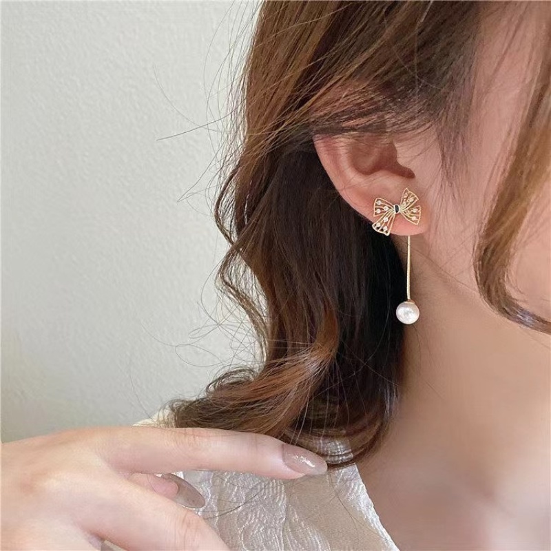 Anting Busur Berlian Berkilau Mutiara Berpohon Elegan Untuk Wanita Aksesoris Telinga Korea