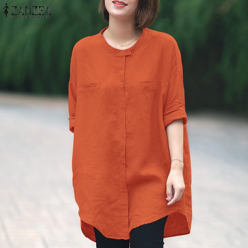 ZANZEA Women Fashion Retro Blouse Plain Crew Neck Full Sleeve Casual Loose Daily Travel Cotton Shirt