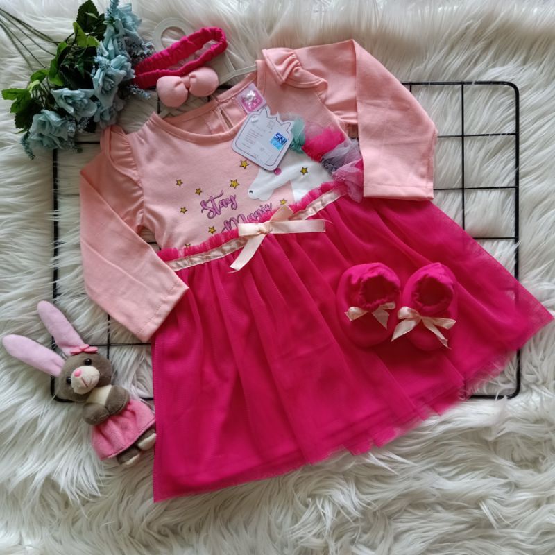 GAMIS QUEEN SET 4IN1 UNICORN DRESS ANAK 0-1 TAHUN/ BAJU MUSLIM ANAK GAMIS TUTU SET BANDO SEPATU UNICORN / GAMIS ANAK PEREMPUAN PREMIUM PINK TUTU GAMIS TUTU PRINCESS MAHKOTA