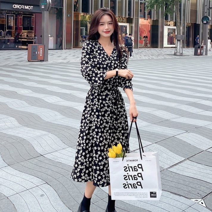 yikoo-Dress lengan panjang semanggi berdaun empat hitam maxi dress wanita