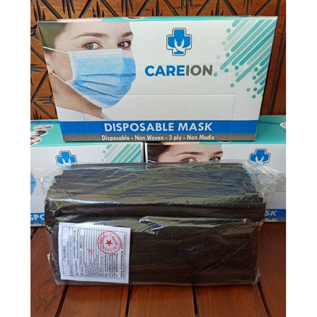 TERLARIS Careindo Masker 3 ply Hitam Earloop DISPOSABLE FACE MASK tebal 50pcs