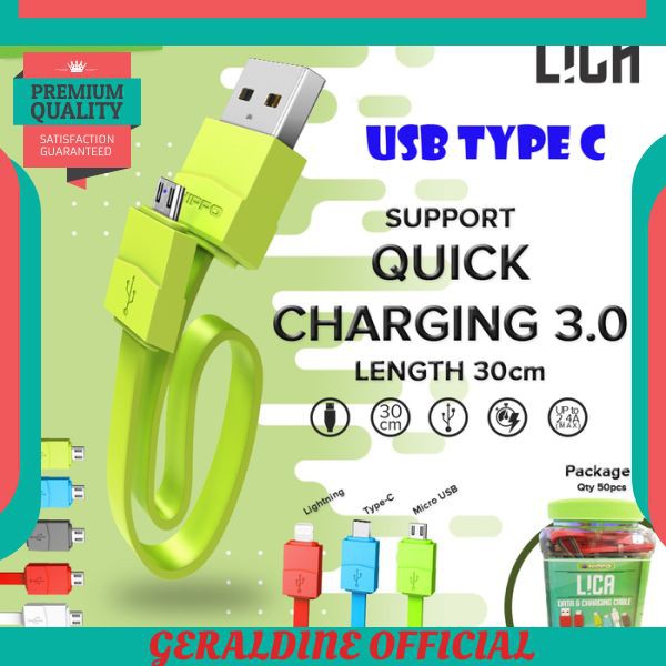 TERBARU Hippo LICA Kabel Charger USB Type C 30cm Powerbank Cable Type-C 30 cm