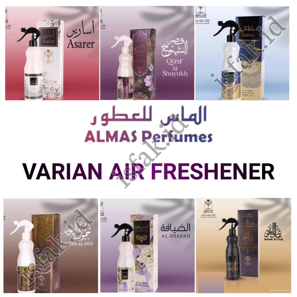 ALL VARIAN Air Freshner ALMAS Pengharum Ruangan Karpet Sofa Horden Pewangi Mobil Spray 500ml Aroma Gahru Sultany Ashel Aloud Layali Jawad al Oud AsarerAgadheer AL Adiafah Samu Al Oud Qasr Dal Al KaramArab Bakhoor Bukhur Bakhour 500 ML