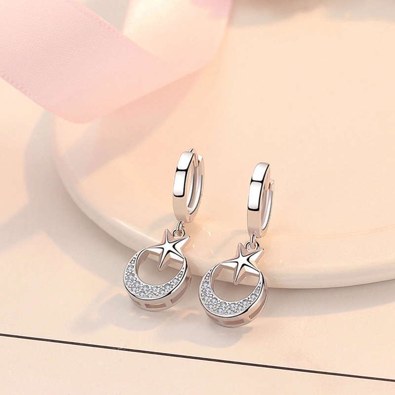 Anting Juntai Bentuk Bulan Bintang Bahan 925 Sterling Silver Untuk Wanita