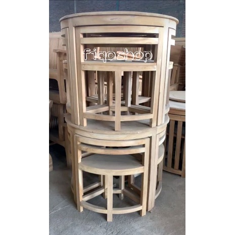 Meja Makan Bulat 4 Kursi Cafe Kekinian Hits Kayu Jati Furniture Jepara