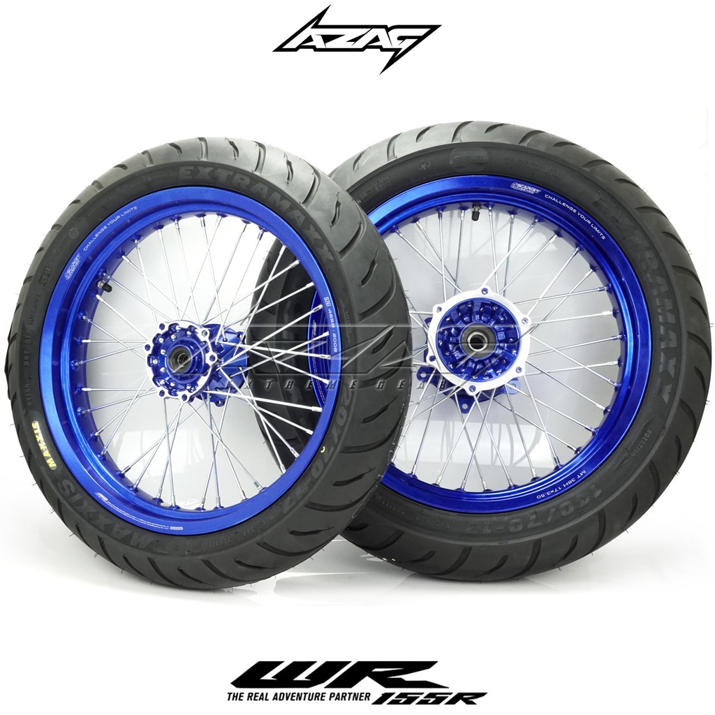 BAN SET SUPERMOTO YAMAHA WR TROMOL ORI CAT BIRU SCARLET BAN MAXXIS