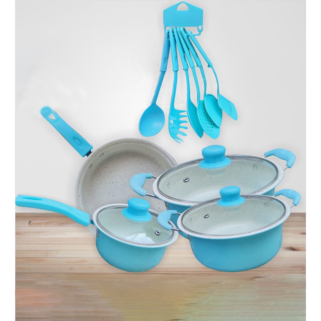 Panci Set Teflon Marble 13 Pcs Berwarna Cookware Set Tutup Kaca Free Spatula 6 Pcs Plastik