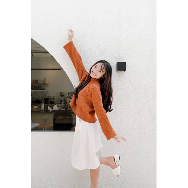 Fwdaily - ANNA ( crop sweater - sweater rajut motif turtleneck )-Tan