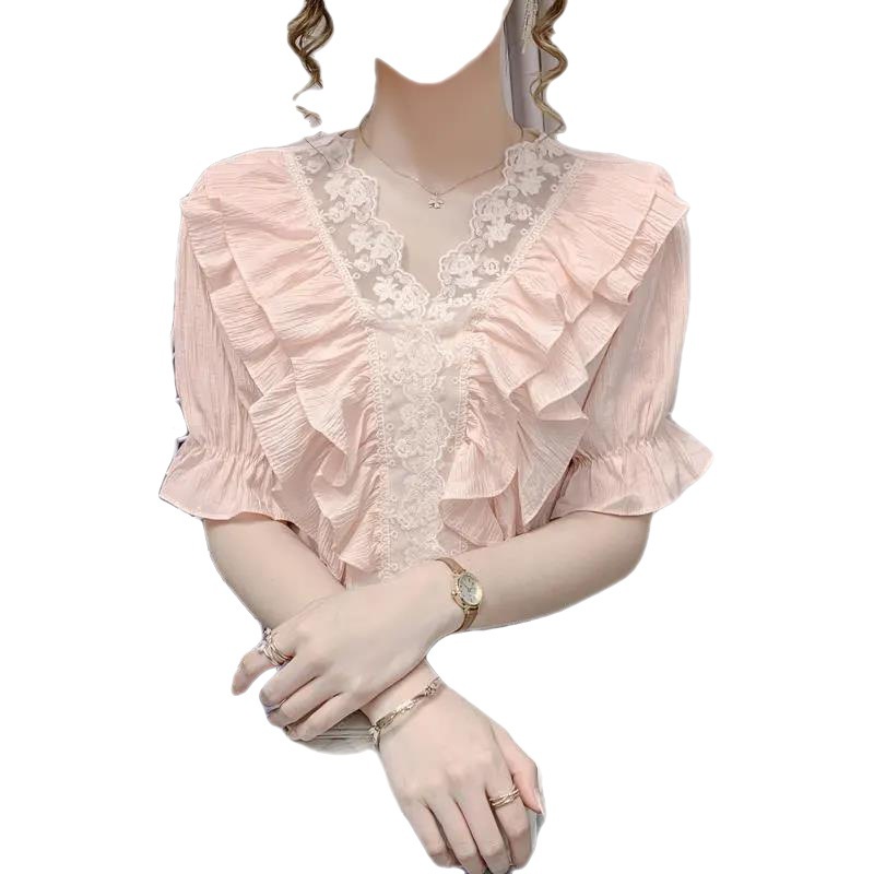 #Sisjuly# Wanita Renda Jahitan V-Neck Shirt Musim Panas Baru Manis Ruffle Lengan Pendek Kemeja Top