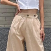 HOPYLOVY Celana Kulot Wanita Katun Linen Double Button Jemima / Celana Panjang Wanita Polos-7