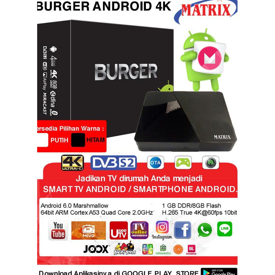 Viav Android Tv Box Matrix Burger 4K H265 + Digital Receiver Lzfh