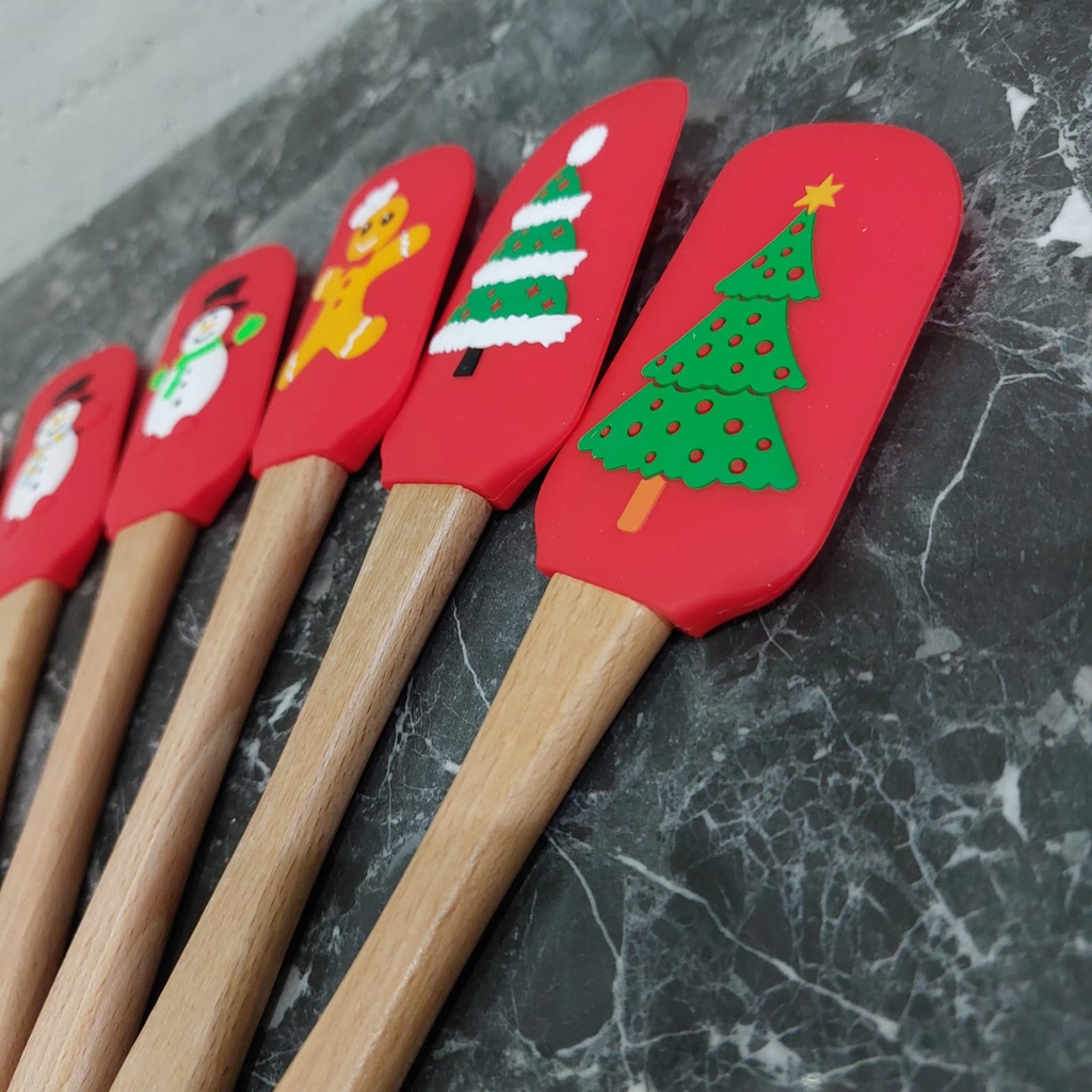 Spatula Motif Christmas Wood Handle Spatula Silikon Natal Xmas