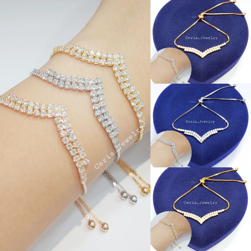 Gelang Perak Asli Silver Wanita 925 Lapis Emas Putih Model Gelang Fuji/Gelang Aurel/Gelang Fuji 2 Layer Permata - Perhiasan Perak Wanita