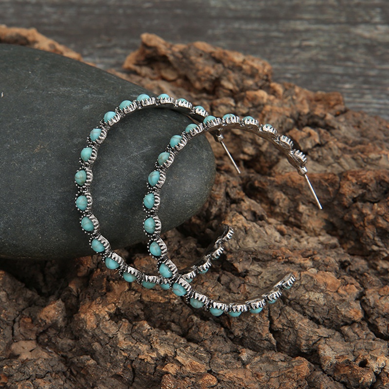 Anting Kait Gantung Bahan Metal Desain Lingkaran Hollow Hias Batu Turquoise Gaya Vintagebohemianantik Untuk Wanita
