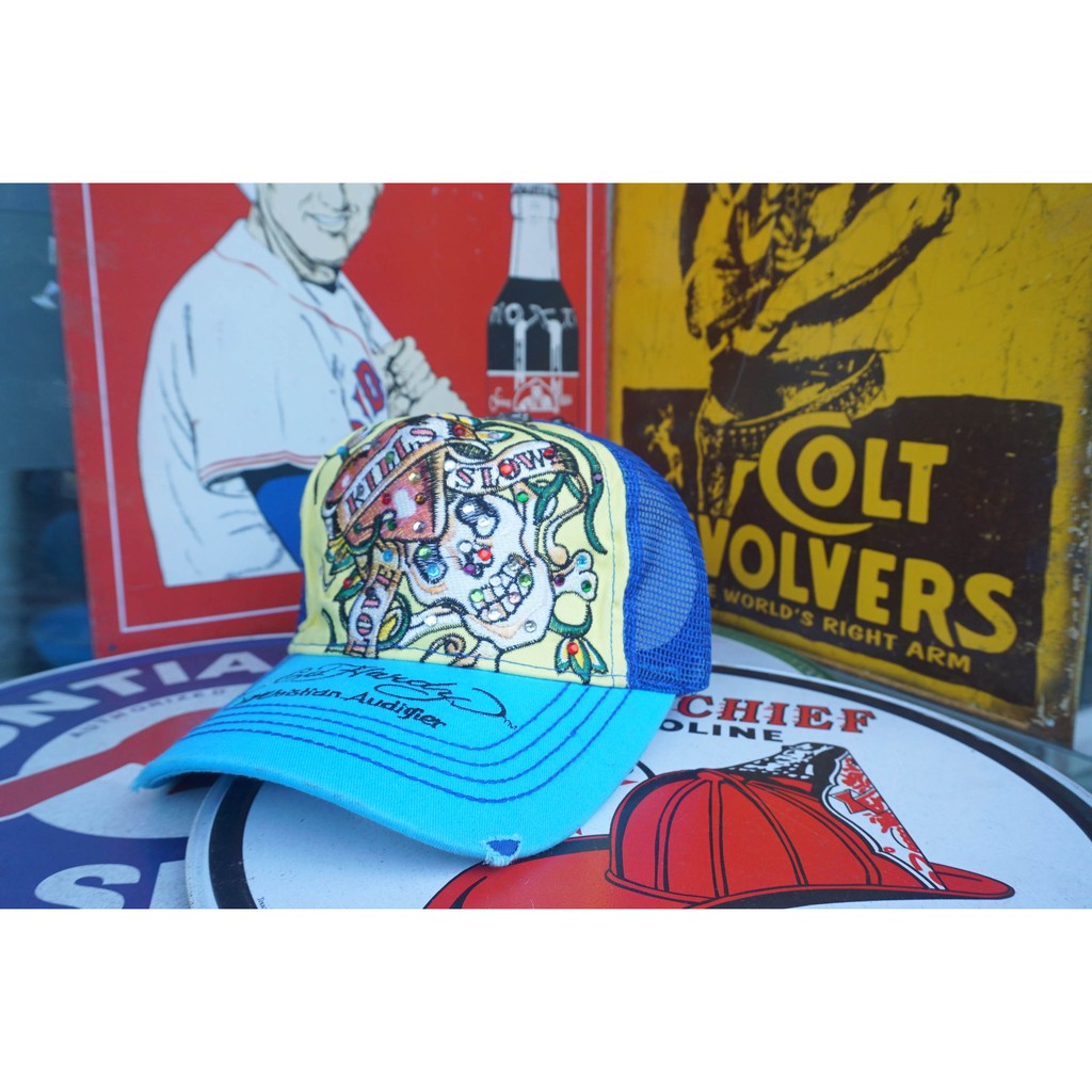 Trucker Hat Topi Men Ed Hardy Unisex One Size Blue Plaid