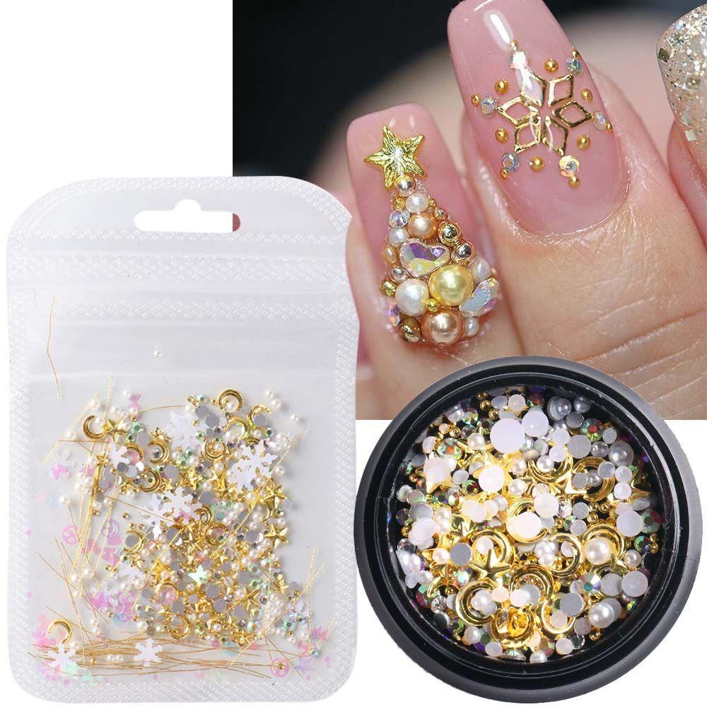 Mxbeauty Natal Dekorasi Kuku Wanita Fashion Kuku Foil Emas Manikur Aksesoris Bulan Bintang 3D Nail Jewelry